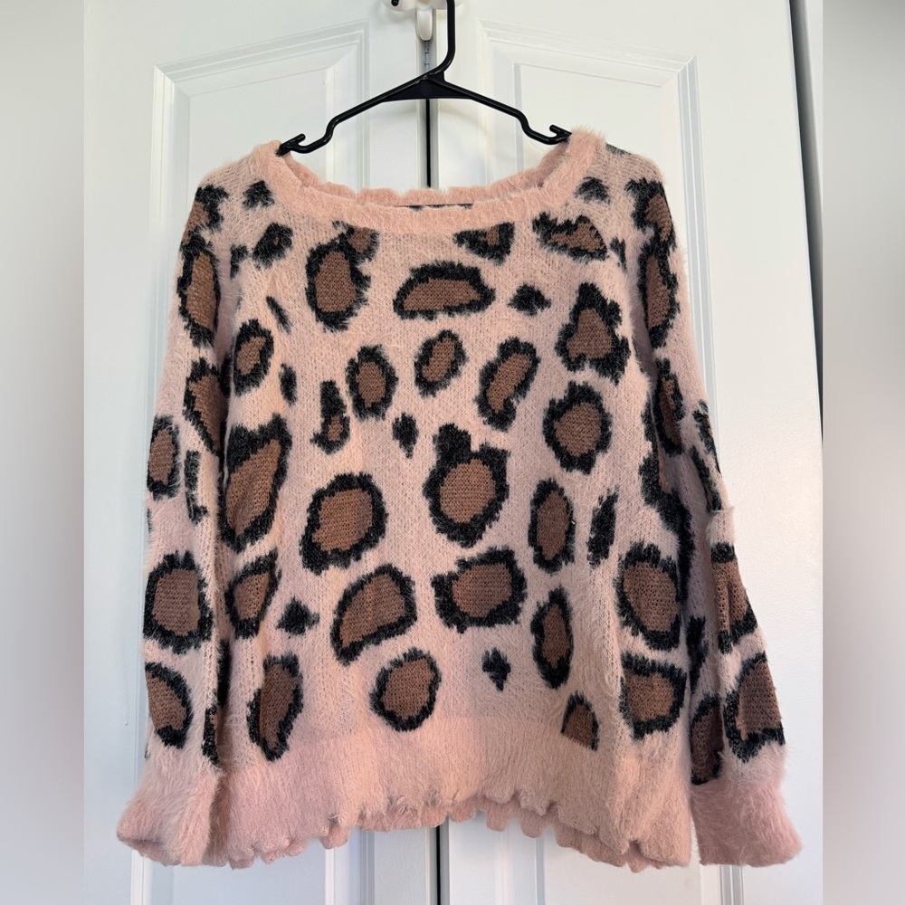 Umgee Pink and Brown Leopard Print Crew Neck Sweater